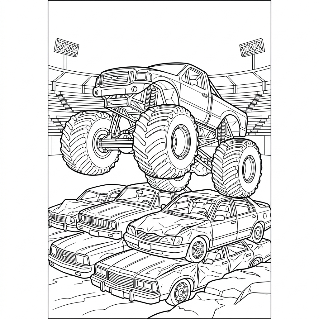 Monster Truck Crushing Cars Coloring Page