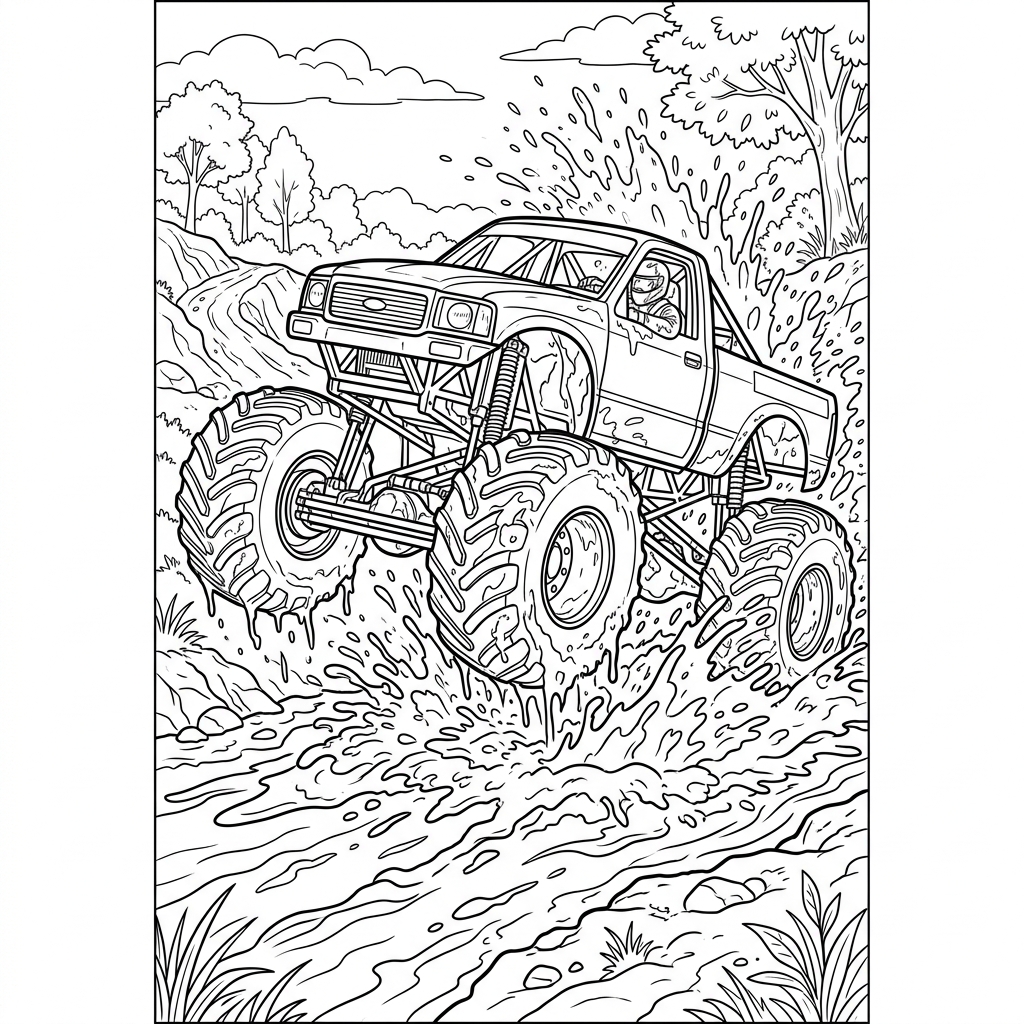 Mud Racing Monster Truck Splashing Coloring Page