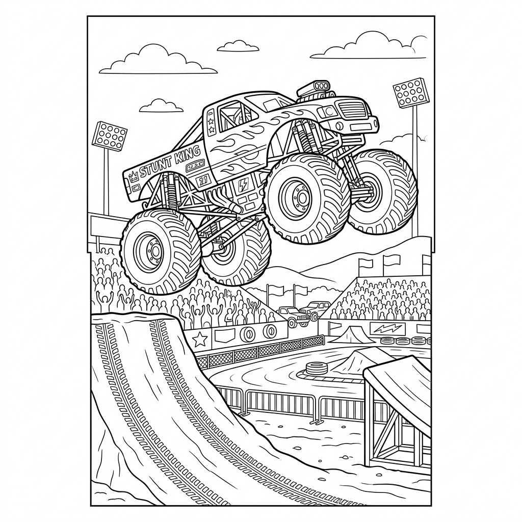 Stunt Monster Truck Arena Jump Coloring Page