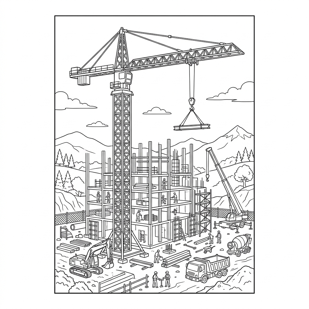 Tower Crane on Construction Site Coloring Page