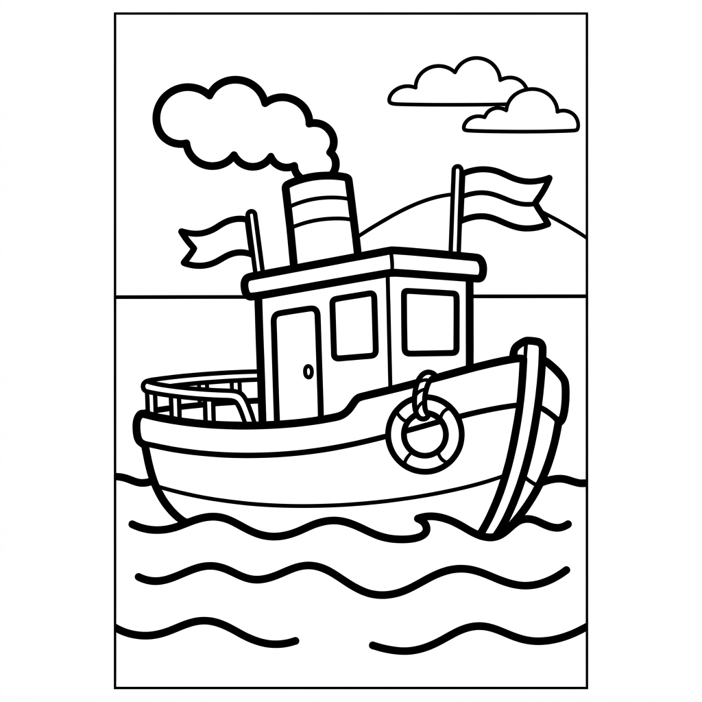 Simple Cartoon Tugboat Coloring Page