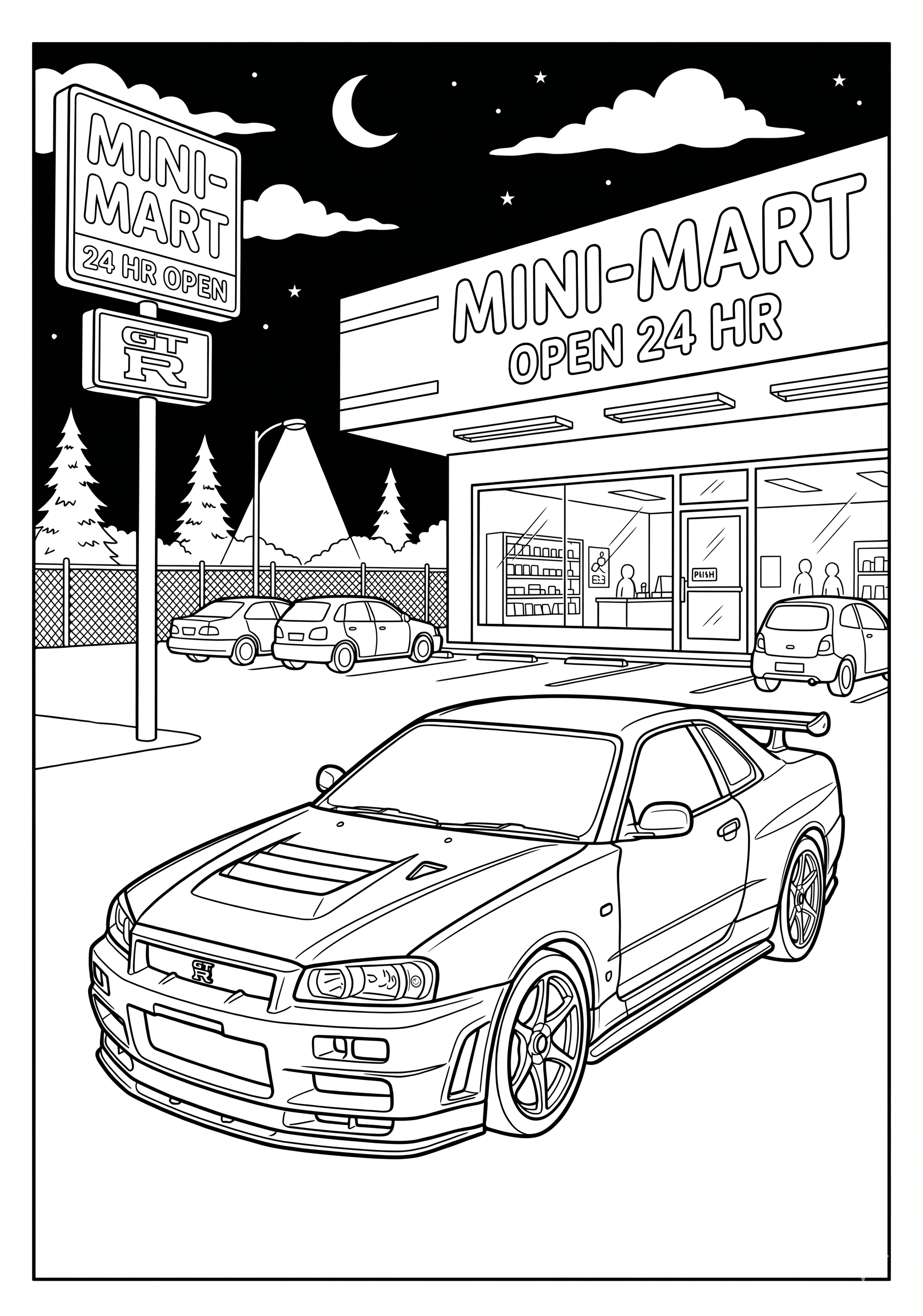 Skyline R34 at the Mini-Mart Coloring Page